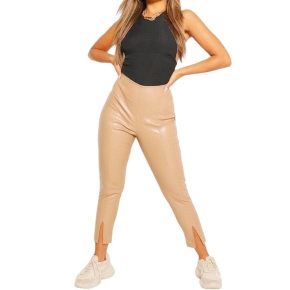 Boohoo Faux Leather Split Front Skinny Trousers in Sand